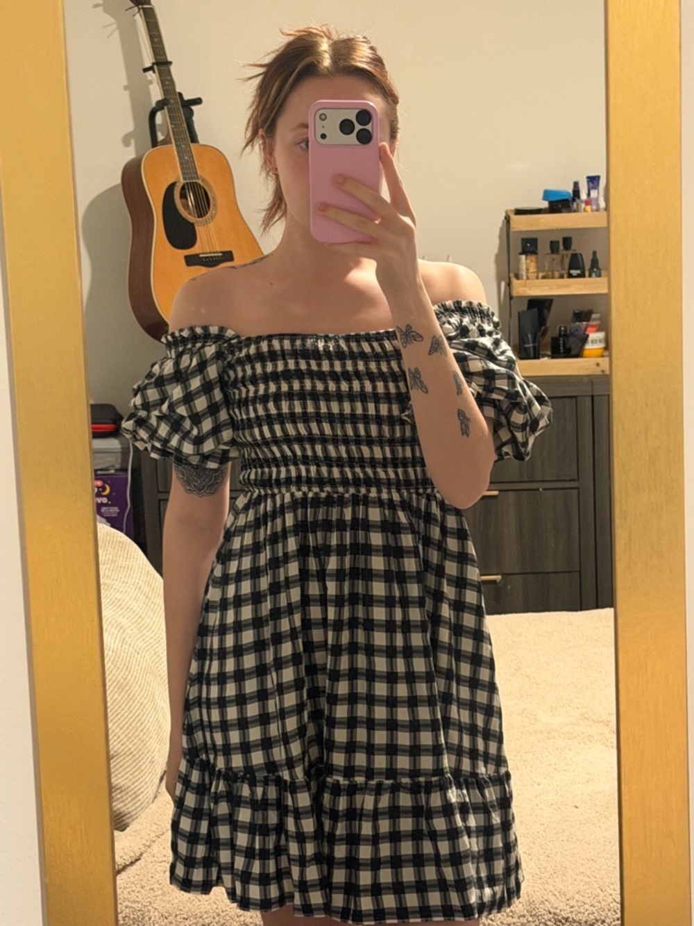 Princess Polly Black and White Gingham Off-Shoulder Mini Dress